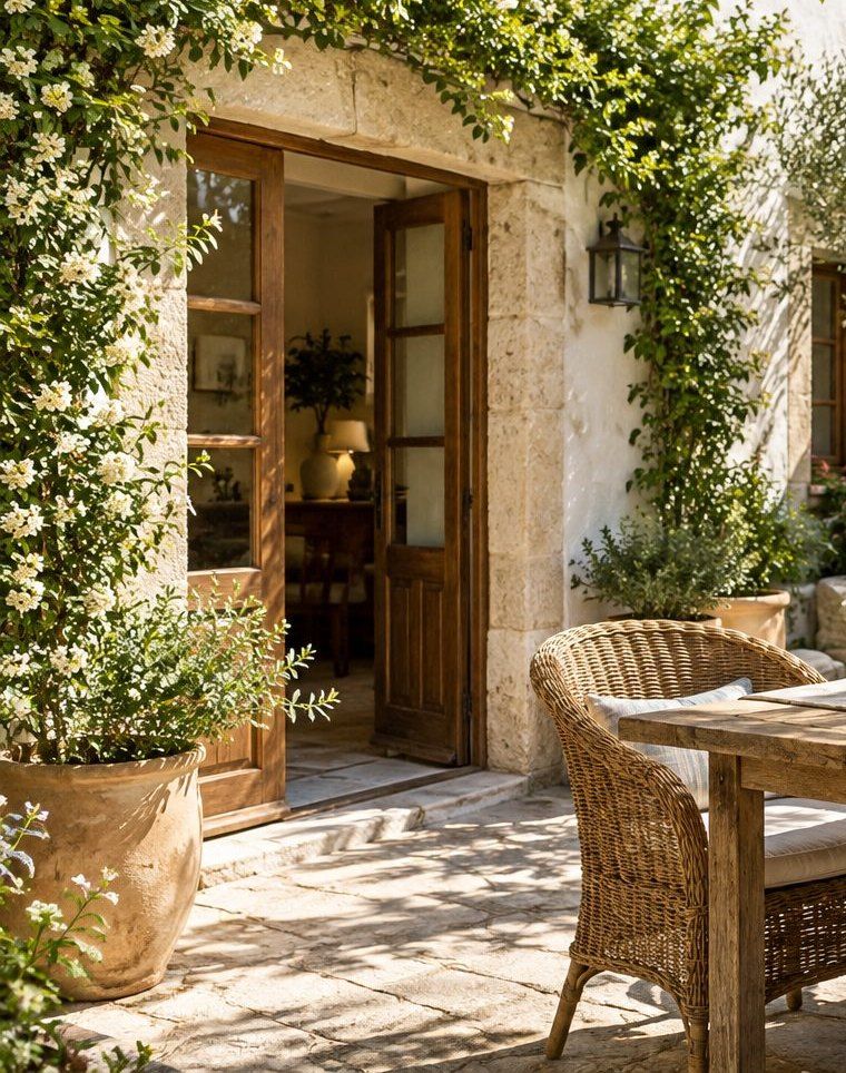 The open front door of Casa Tordo, framed by climbing jasmine