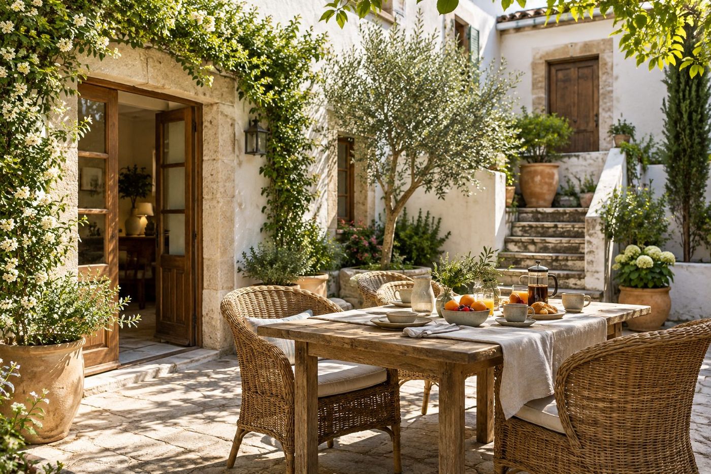 Casa Tordo’s courtyard with breakfast tables under an olive tree